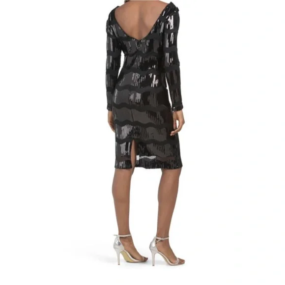 Anthro NANETTE LEPORE Black Wavy Sequin Striped Long Sleeve Dress - Picture 6 of 16